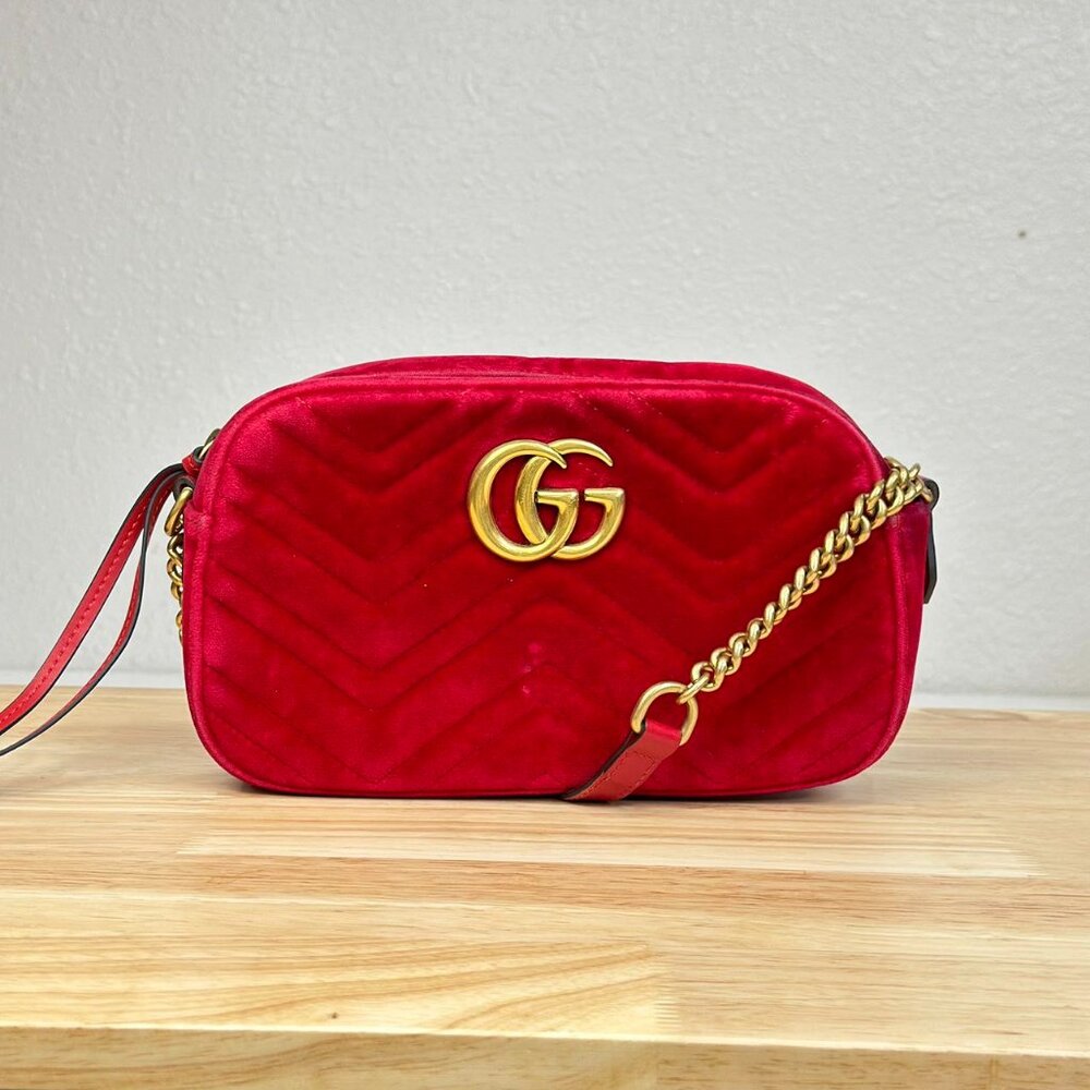 Gucci GG Logo Red Velvet Marmont Shoulder Bag Crossbody